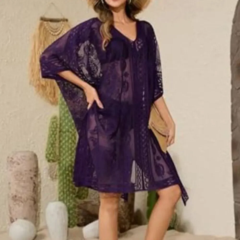 Sexy Elegant Purple Lace Beach Cover Up for Women, Bathing Suit Cover Up, V-Neck